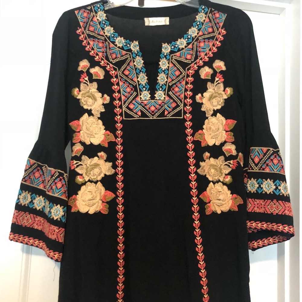 Navy and Coral Embroidered Top